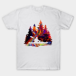 Rainbow Marble Pattern of a Kayaker Paddling Silhouette T-Shirt